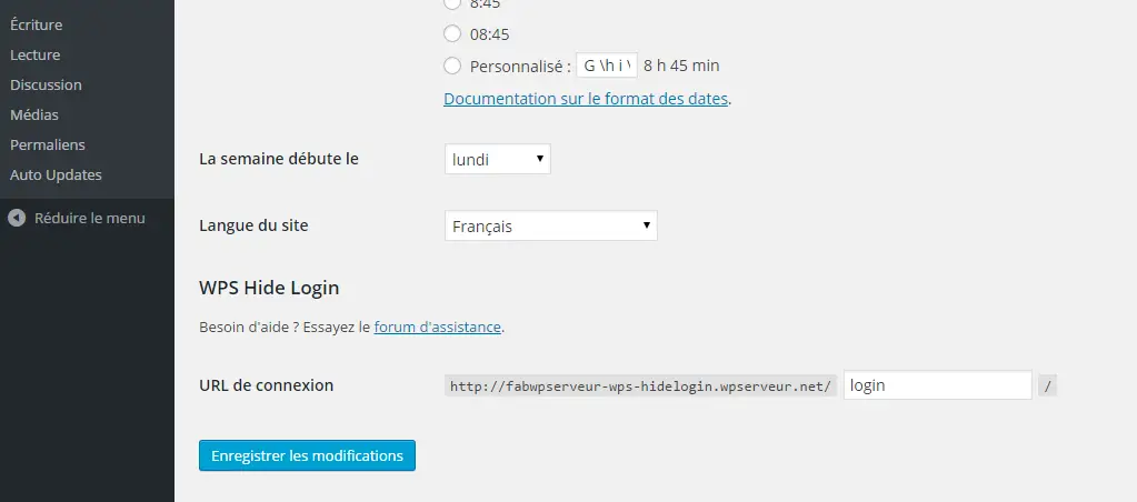 Page de réglages de WPS Hide Login dans WordPress